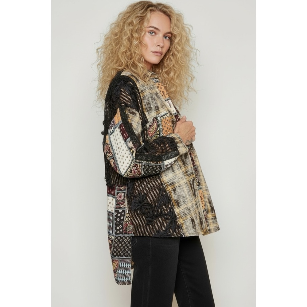 POL Black Patchwork Button Down Shirt | 3D Floral Lace Long Sleeve High Low - Picture 2 of 6